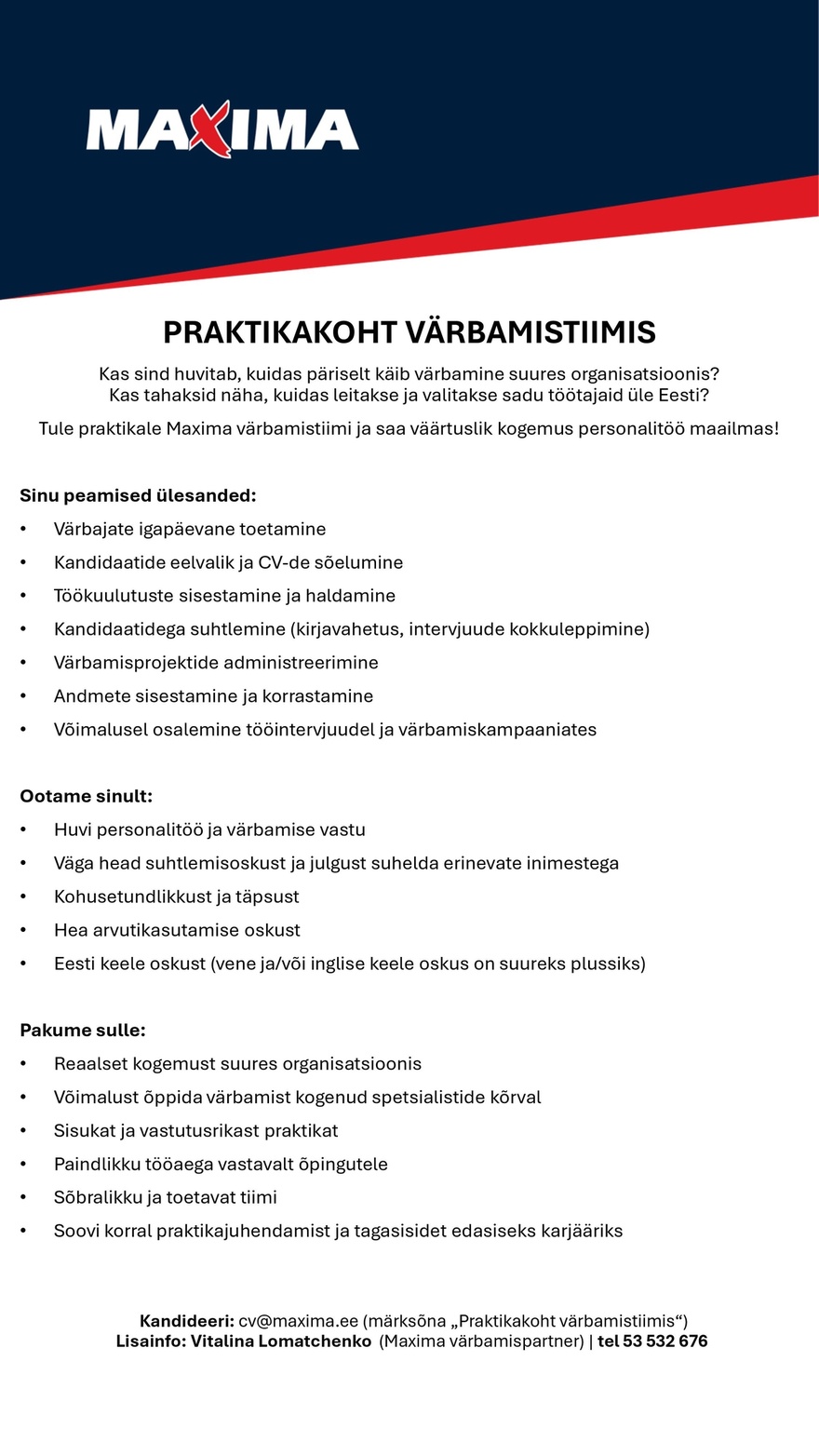 Maxima Eesti OÜ Praktikakoht värbamistiimis