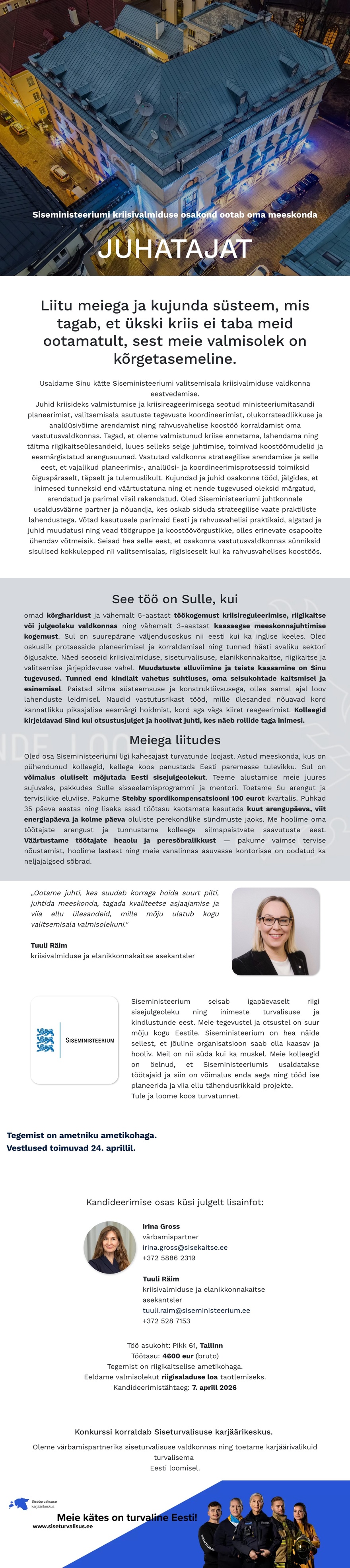 Siseturvalisuse karjäärikeskus Kriisivalmiduse osakonna juhataja