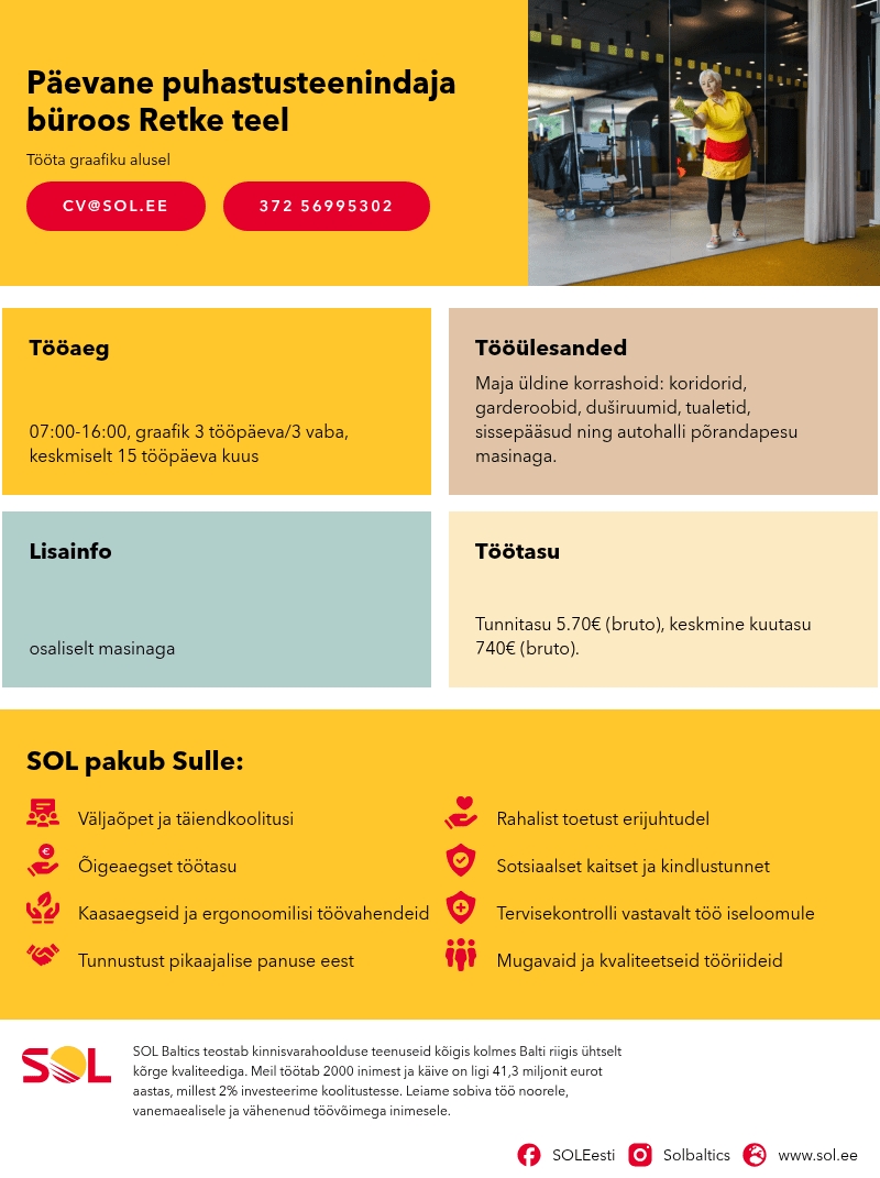 SOL Baltics OÜ Päevane puhastusteenindaja büroos Retke teel