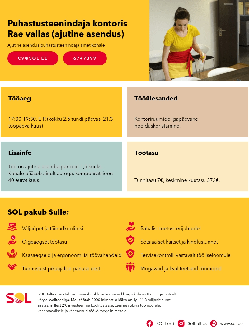 SOL Baltics OÜ Puhastusteenindaja kontoris Rae vallas (ajutine asendus)