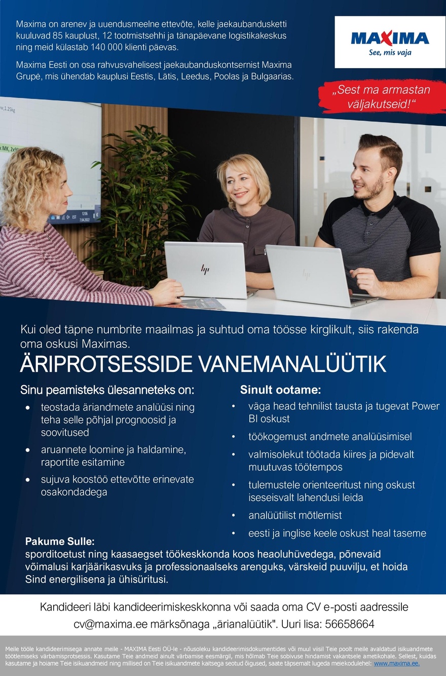 Maxima Eesti OÜ Äriprotsesside vanem analüütik