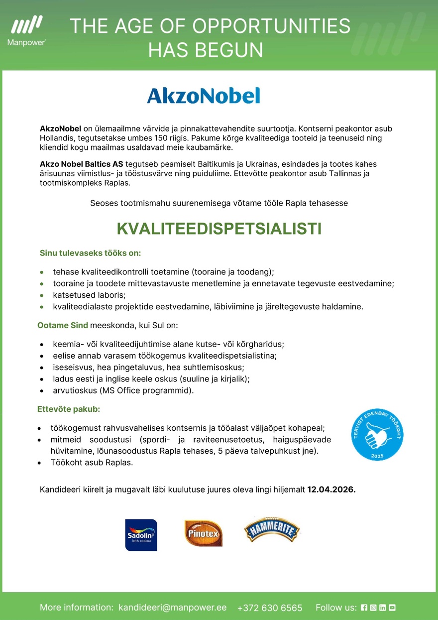 Manpower OÜ Kvaliteedispetsialist
