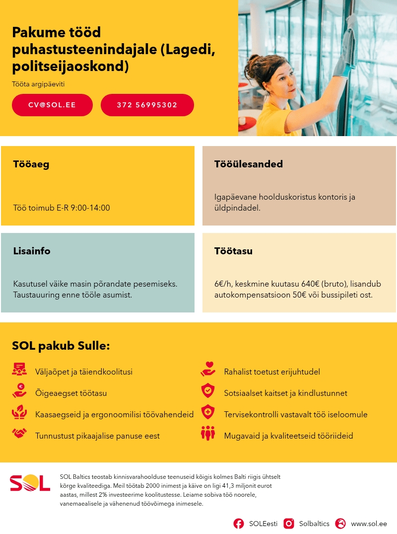 SOL Baltics OÜ Pakume tööd puhastusteenindajale (Lagedi, politseijaoskond)