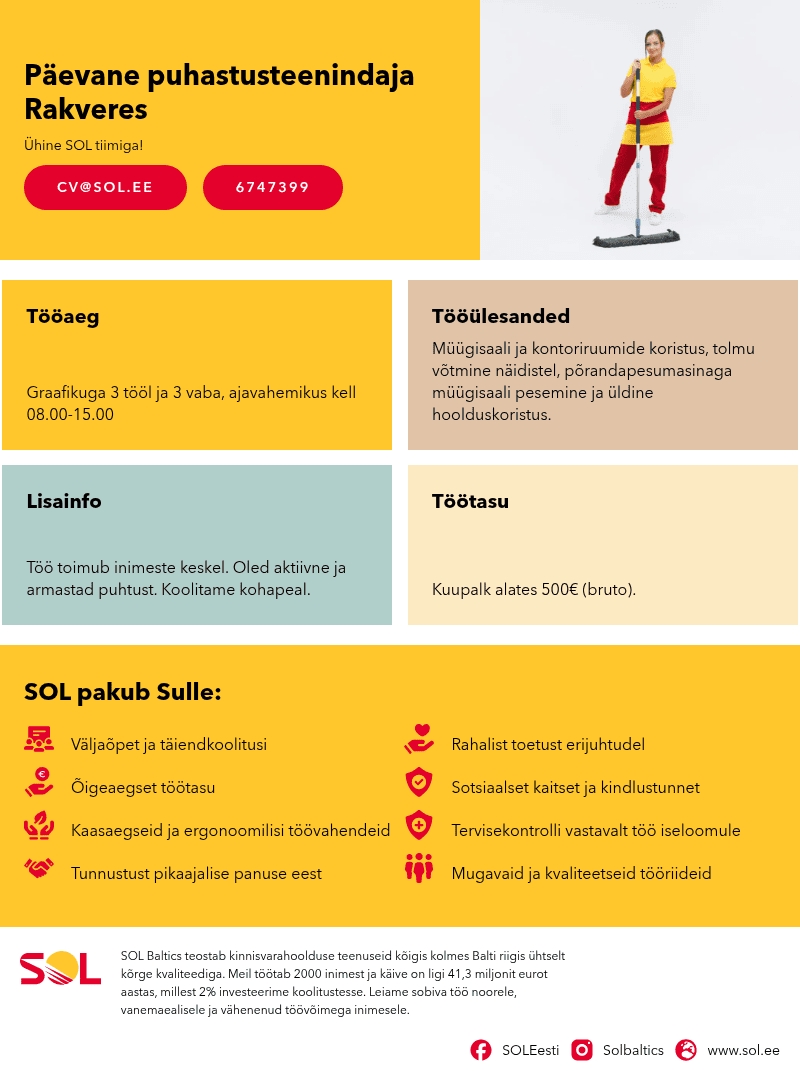 SOL Baltics OÜ Päevane puhastusteenindaja Rakveres