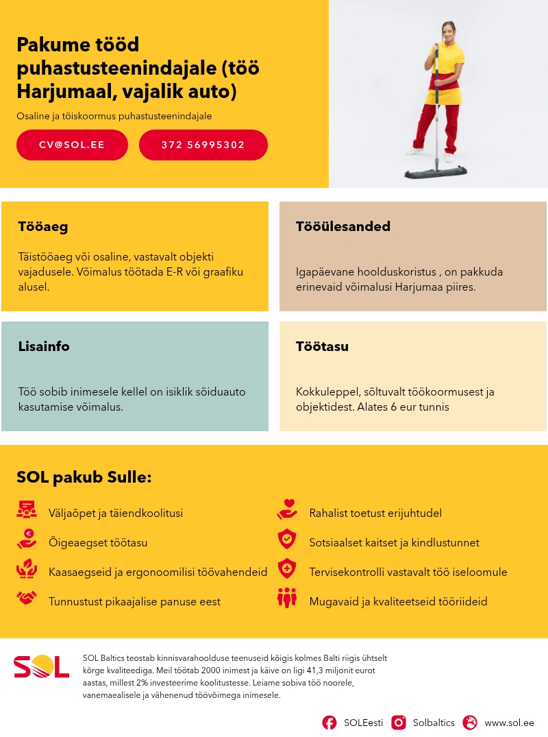 SOL Baltics OÜ Pakume tööd puhastusteenindajale (töö Harjumaal, vajalik auto)