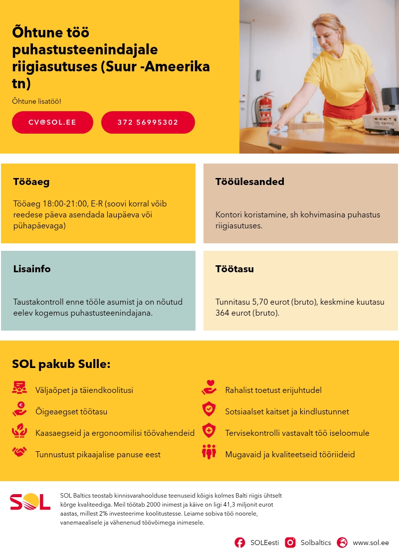 SOL Baltics OÜ Õhtune töö puhastusteenindajale riigiasutuses (Suur -Ameerika tn)