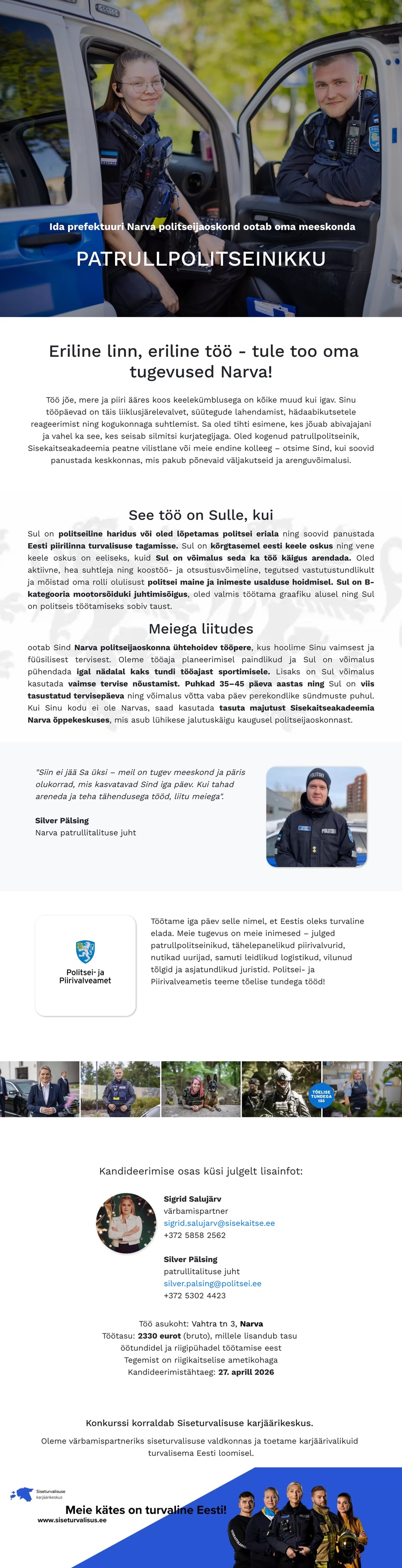 Siseturvalisuse karjäärikeskus Narva politseijaoskonna patrullpolitseinik