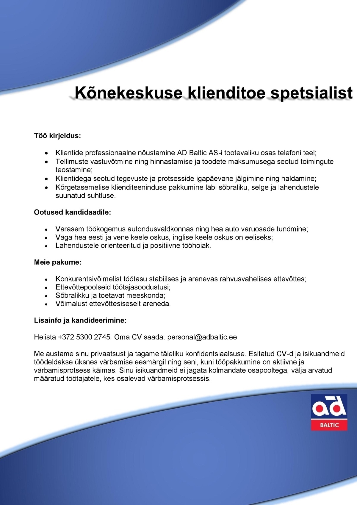 AD BALTIC AS Kõnekeskuse klienditoe spetsialist