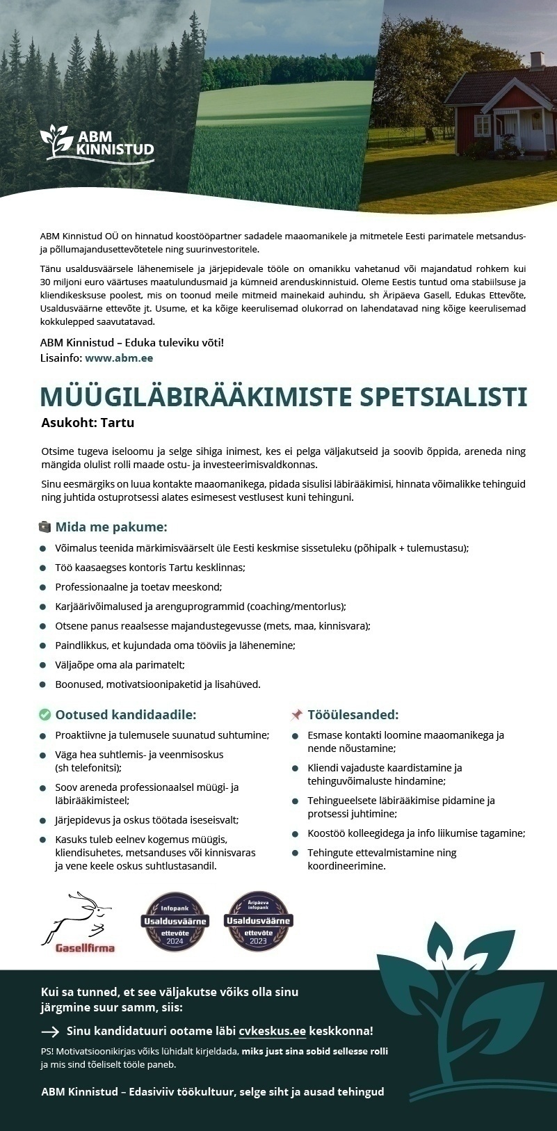 ABM KINNISTUD OÜ Müügiläbirääkimiste spetsialist