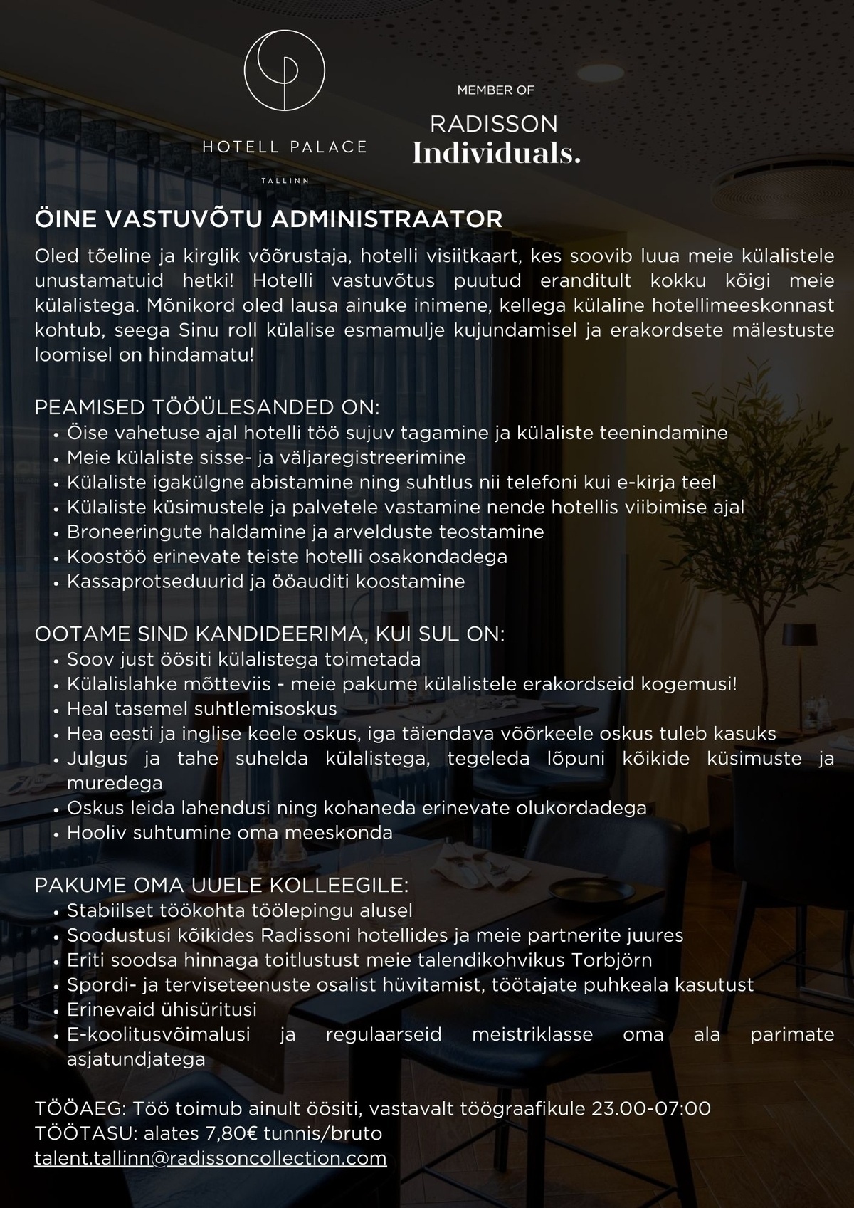 HMP Hotellid OÜ Öine vastuvõtu administraator, Palace Hotel