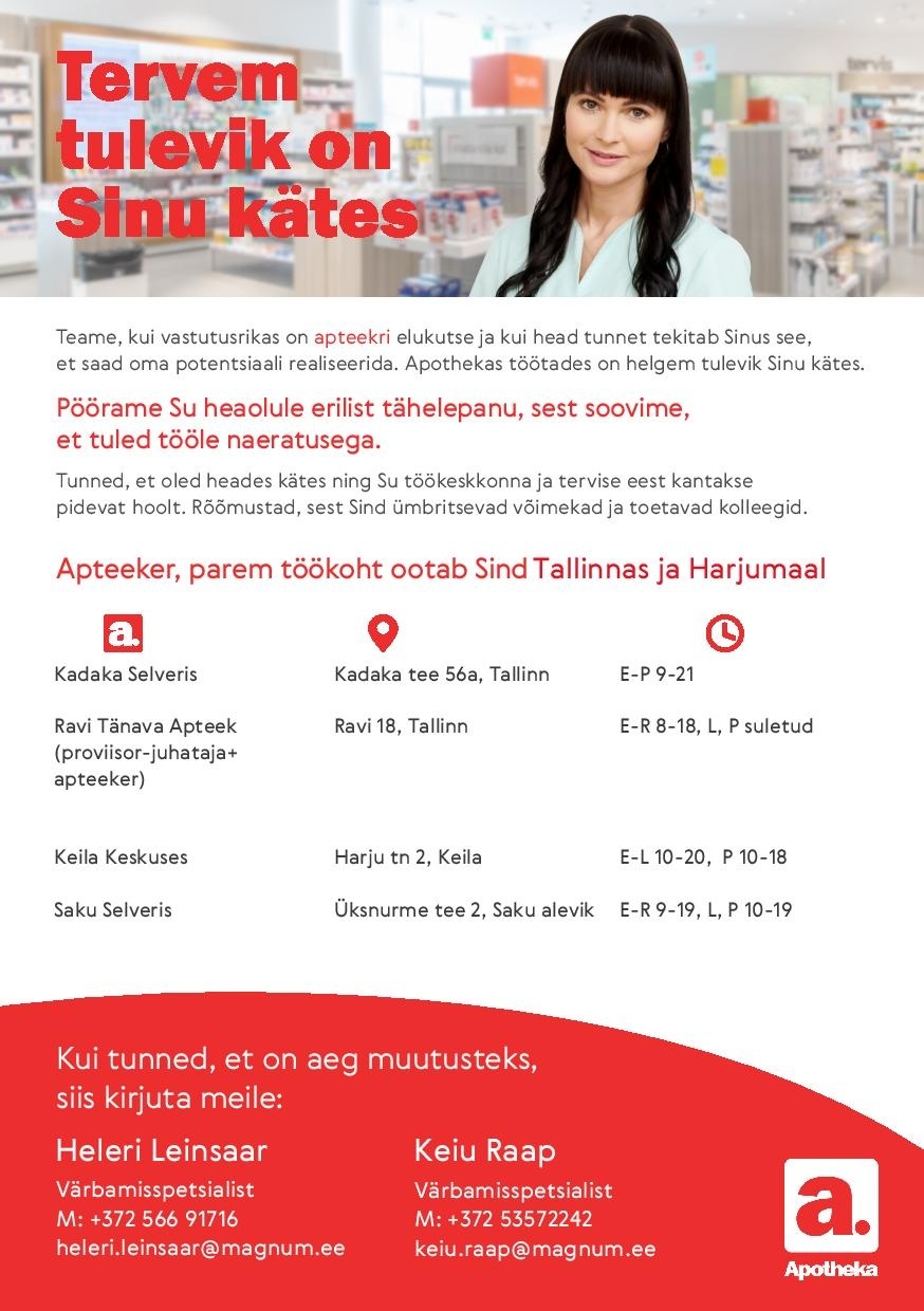 Apotheka Proviisor või farmatseut Tallinna ja Harjumaa Apotheka apteeki