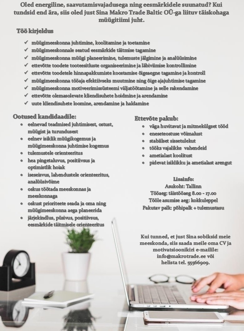 Makro Trade Baltic OÜ MÜÜGIJUHT / MÜÜGITIIMI JUHT