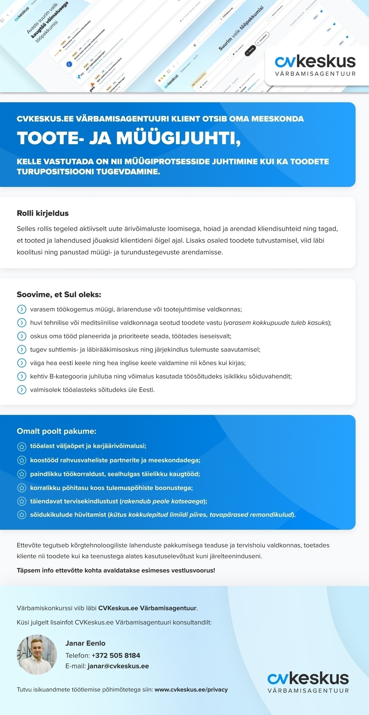 CVKeskus.ee Värbamisagentuuri klient TOOTE- JA MÜÜGIJUHT
