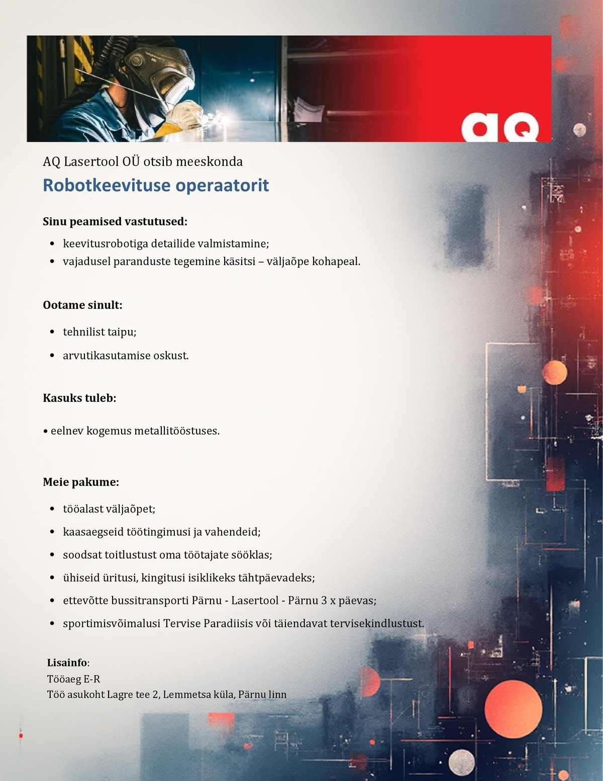 AQ Lasertool OÜ Robotkeevituse operaator