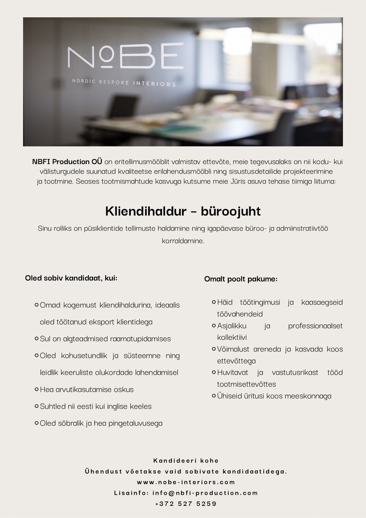 NBFI Production OÜ Kliendihaldur – büroojuht