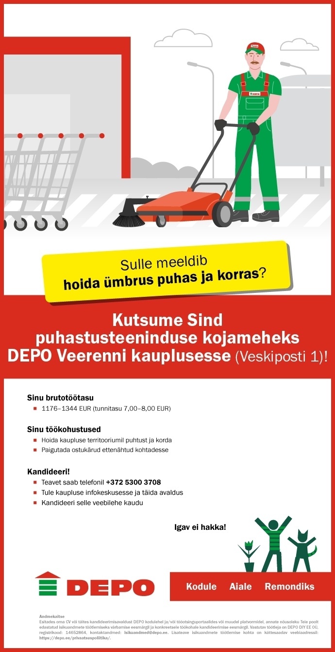 DEPO DIY EE OÜ Puhastusteeninduse kojamees, Veerenni (Veskiposti 1)