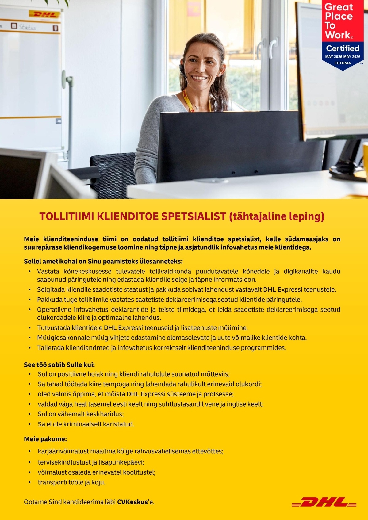 DHL Express Estonia AS Tollitiimi klienditoe spetsialist (tähtajaline leping)