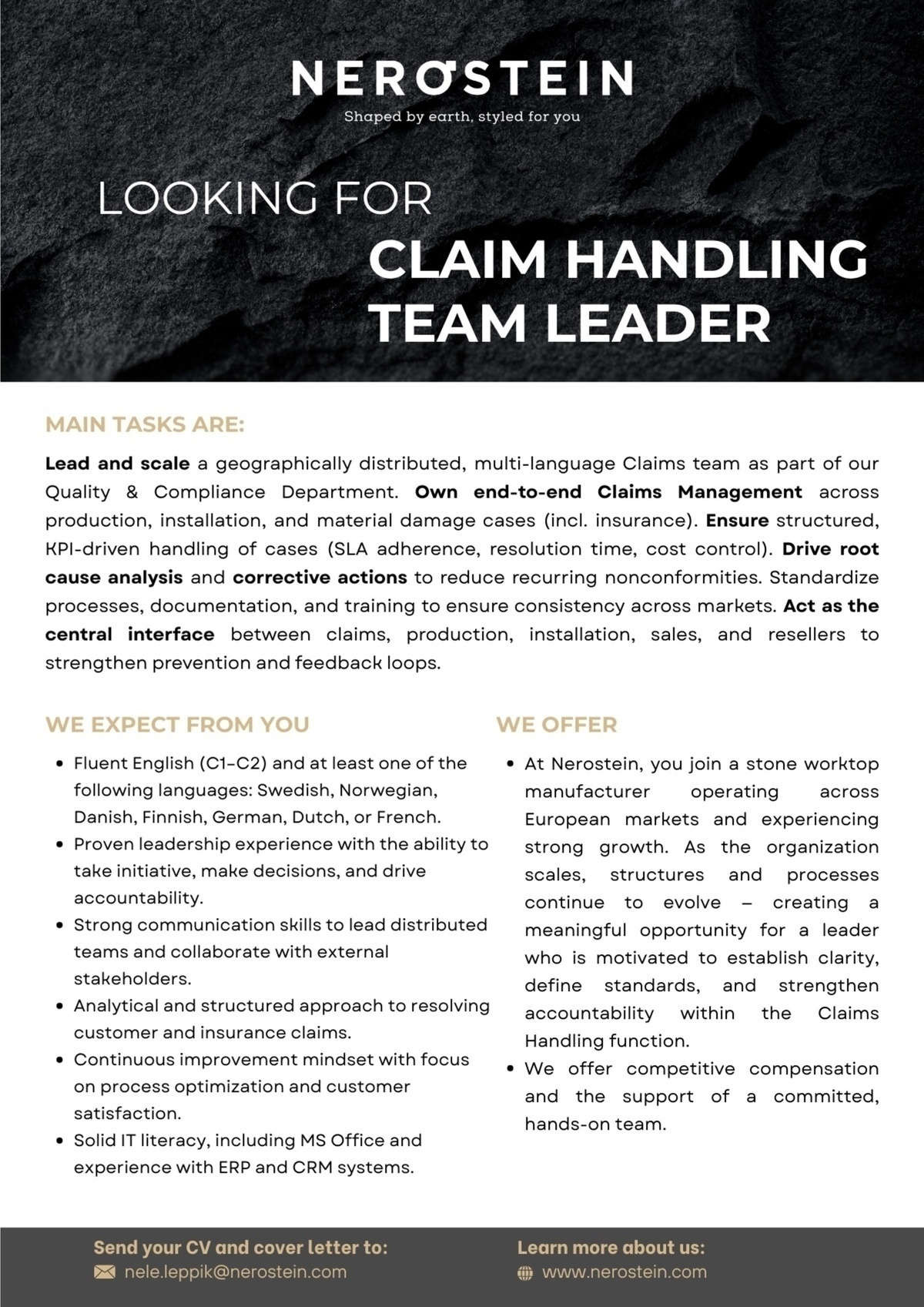 NEROSTEIN OÜ CLAIM HANDLING TEAM LEADER