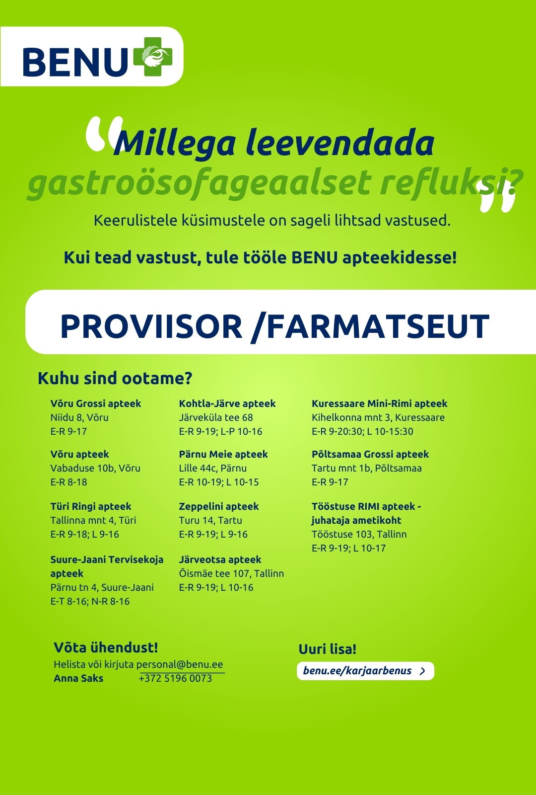 BENU Apteegid Proviisor/farmatseut BENU apteekidesse