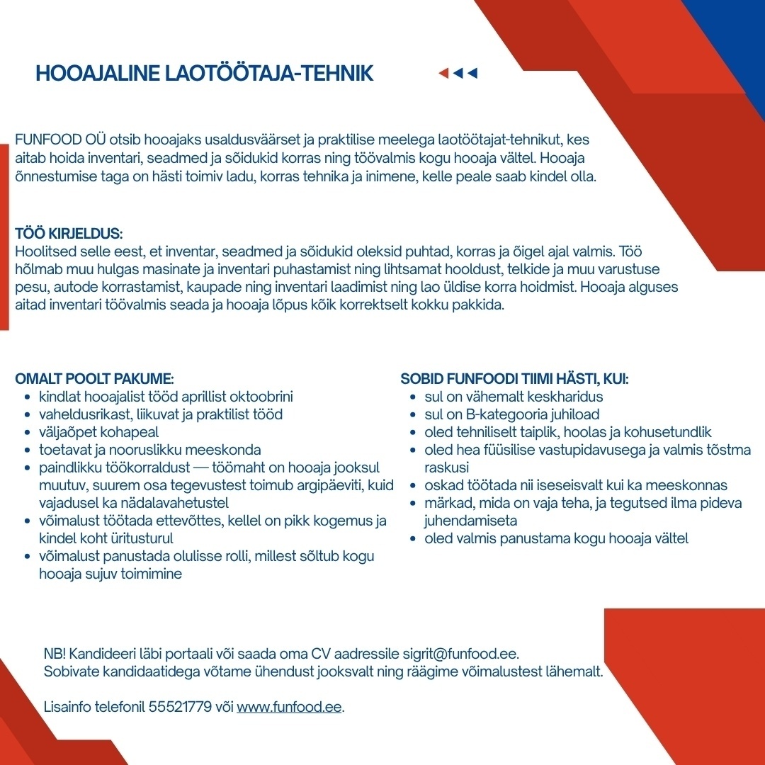 FUNFOOD OÜ HOOAJALINE LAOTÖÖTAJA-TEHNIK