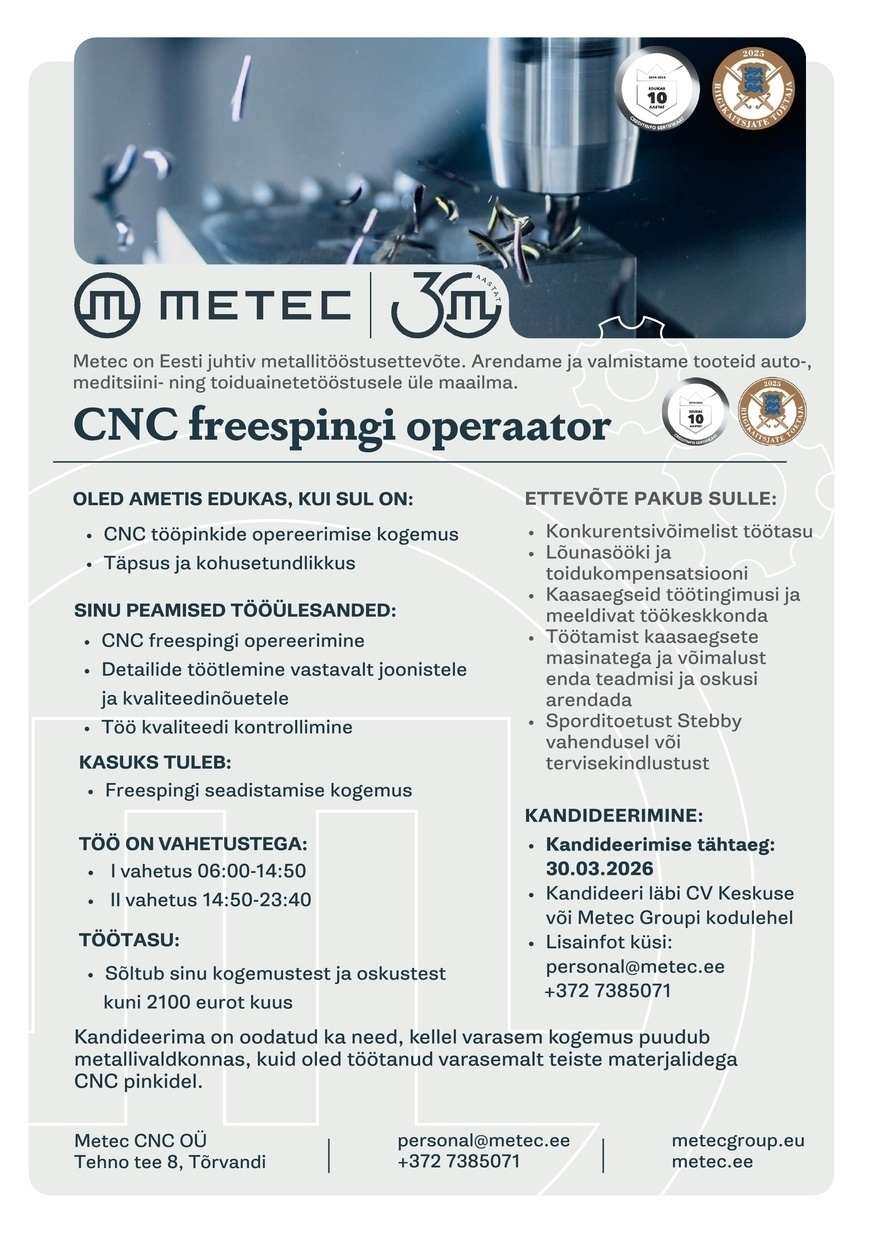 Tarmetec OÜ CNC freespingi operaator