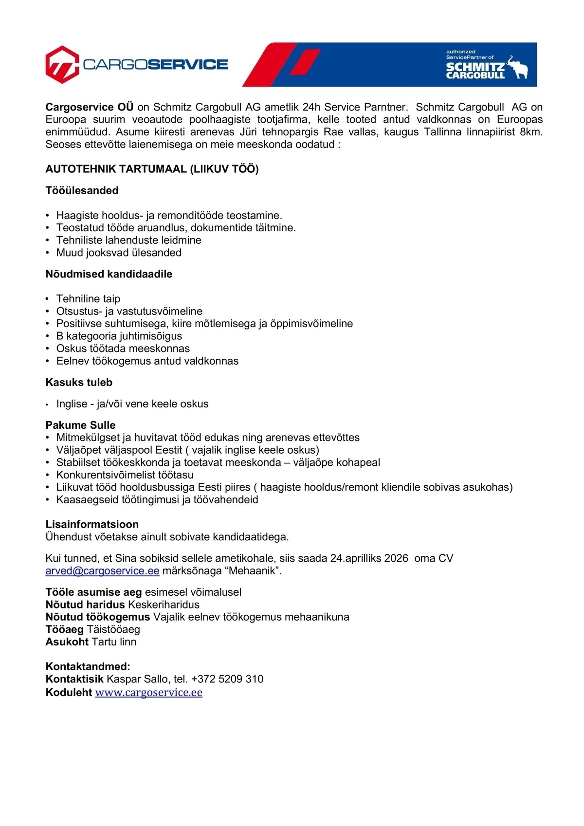 Cargoservice OÜ AUTOTEHNIK TARTUMAAL (LIIKUV TÖÖ)