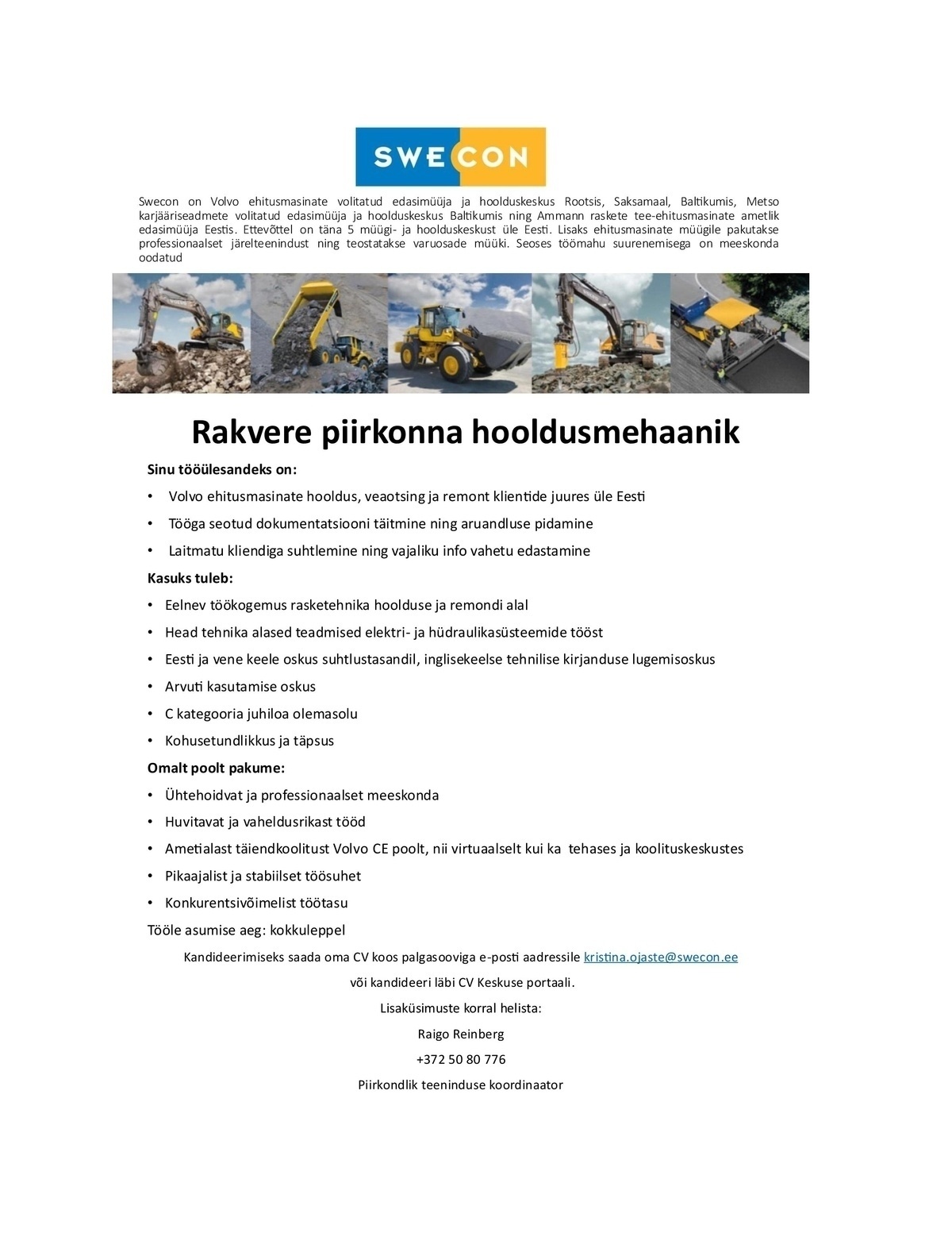 SWECON AS Rakvere piirkonna hooldustehnik