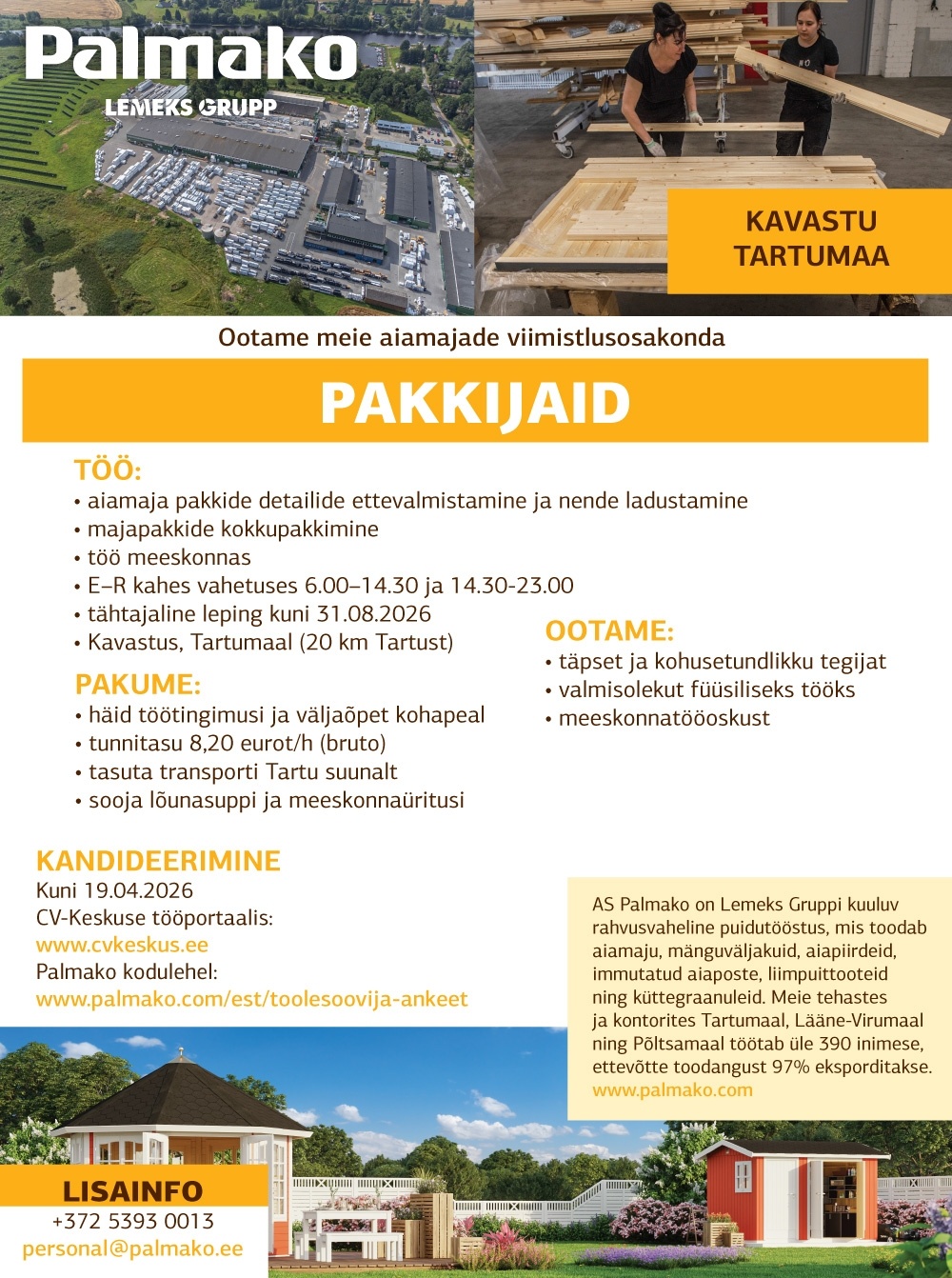 Palmako AS Pakkija aiamajade viimistlusosakonda