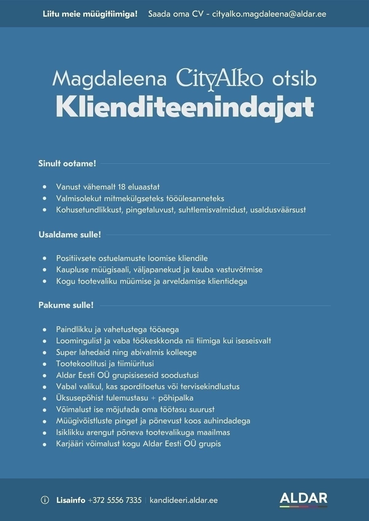 Aldar Eesti OÜ Klienditeenindaja Magdaleena CityAlko