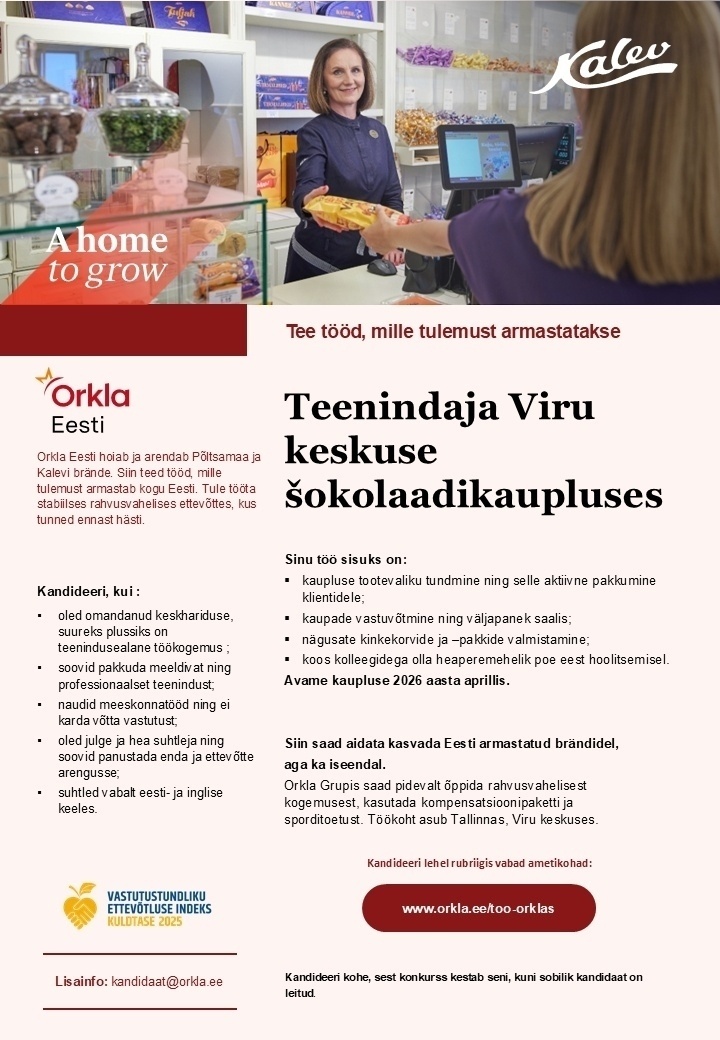 Orkla Eesti AS TEENINDAJA Viru keskuse Kalevi šokolaadikauplusesse