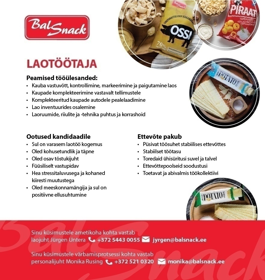 Balsnack International Holding AS Laotöötaja-tõstukijuht Ääsmäe tehasesse