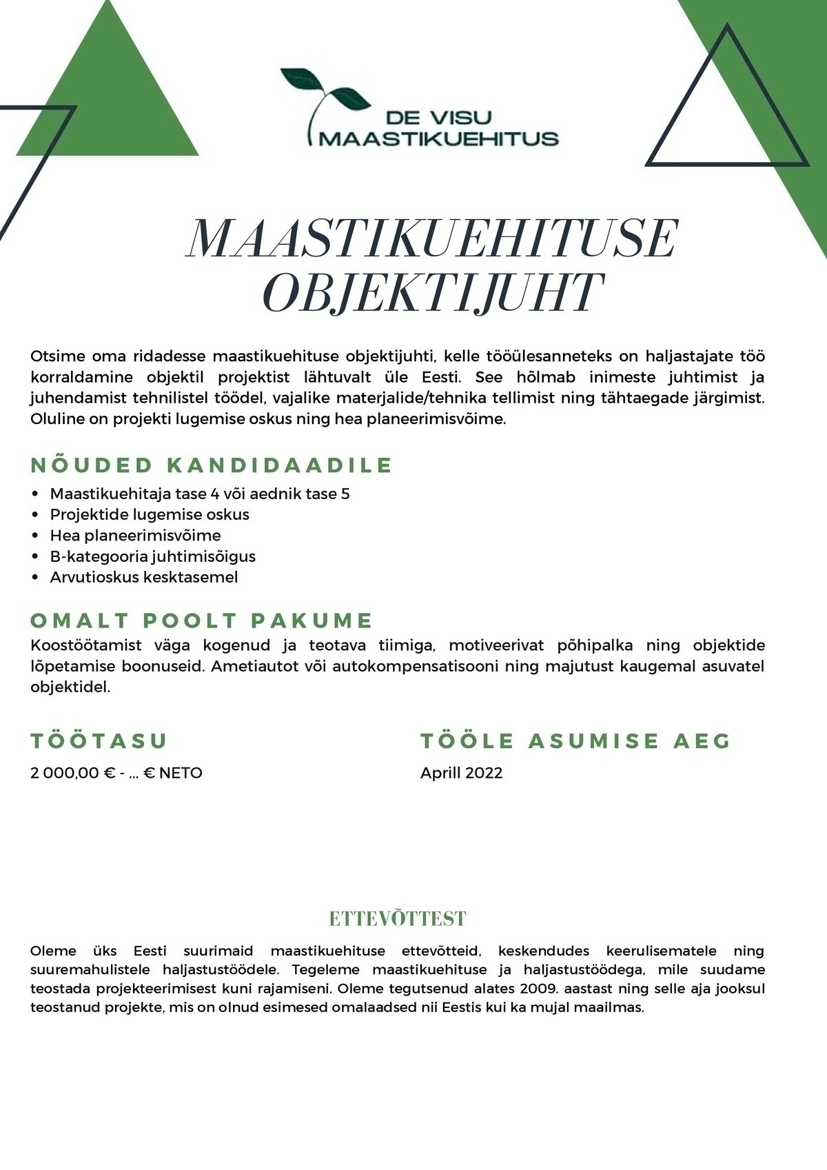 DE VISU MAASTIKUEHITUS OÜ Maastikuehituse objektijuht