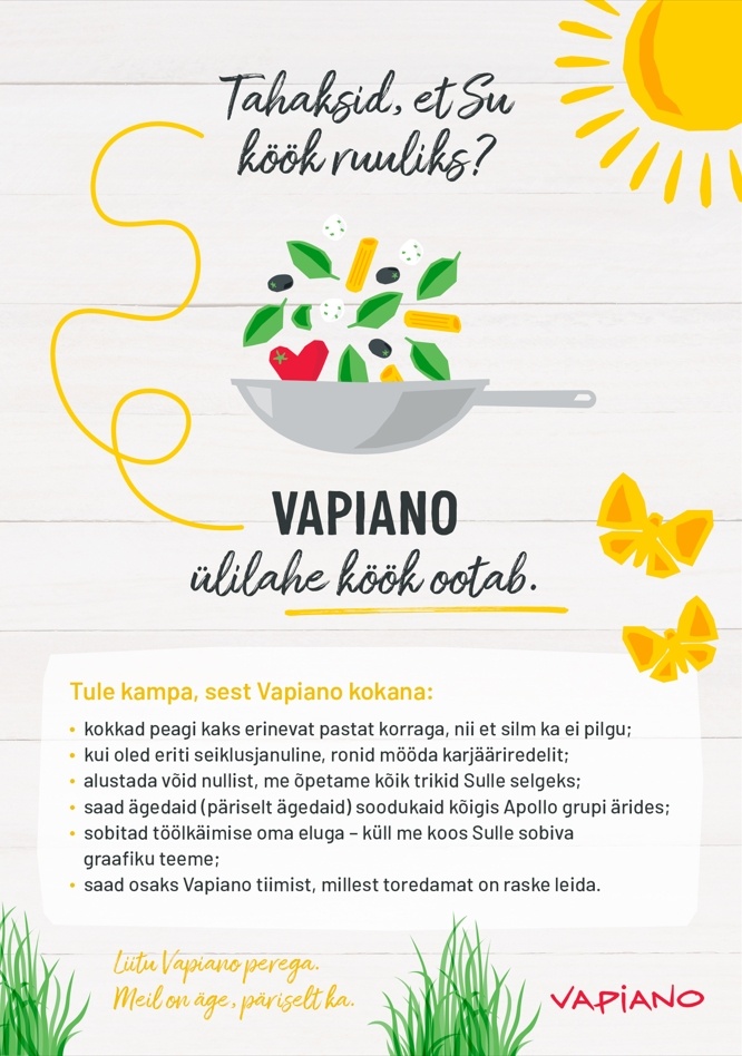 Vapi People OÜ Tartu Vapiano otsib oma tiimi SUVEKS osalise tööajaga KOKKA! (väljaõpe kohapeal)