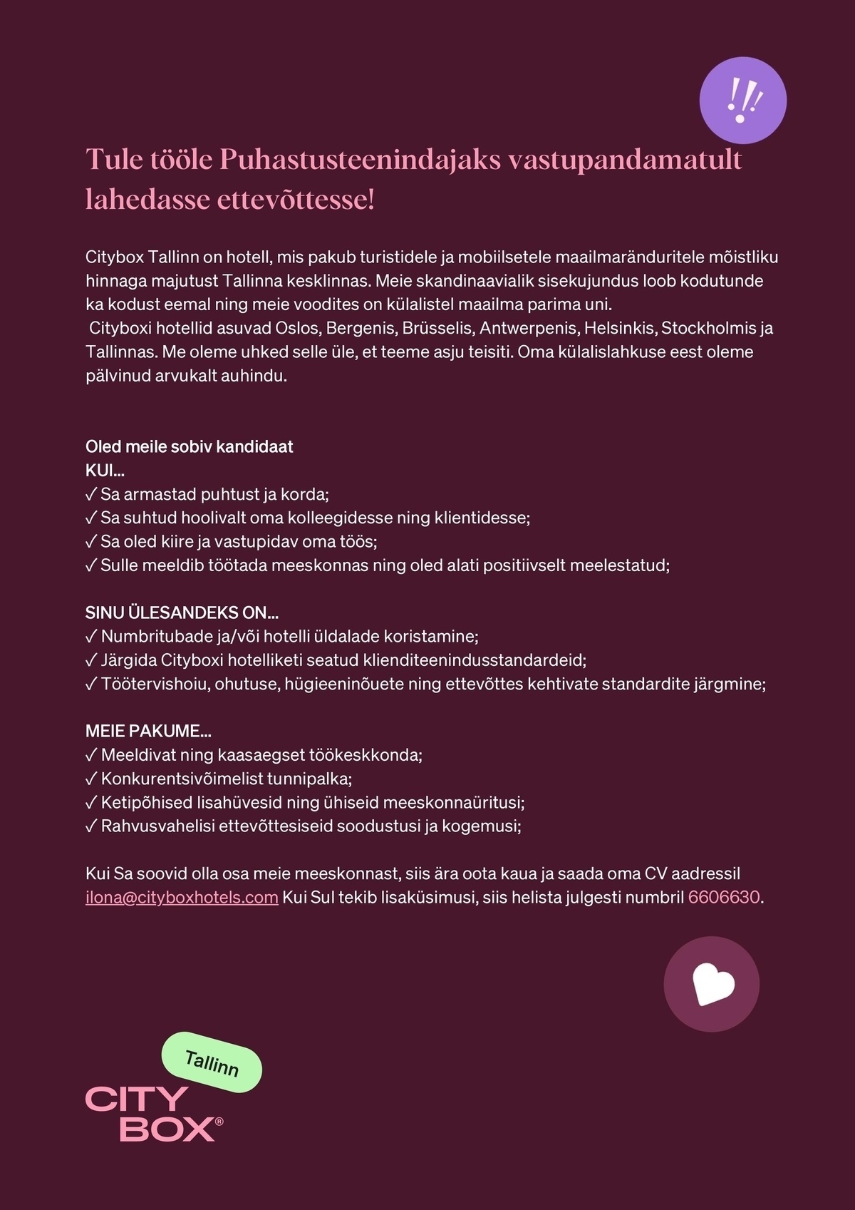 Citybox Tallinn OÜ Puhastusteenindaja