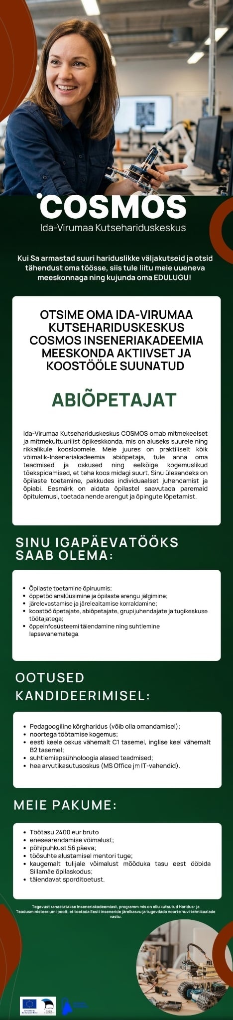 Ida-Virumaa Kutsehariduskeskus Inseneriakadeemia meeskonna aktiivne ja koostööle suunatud ABIÕPETAJA!