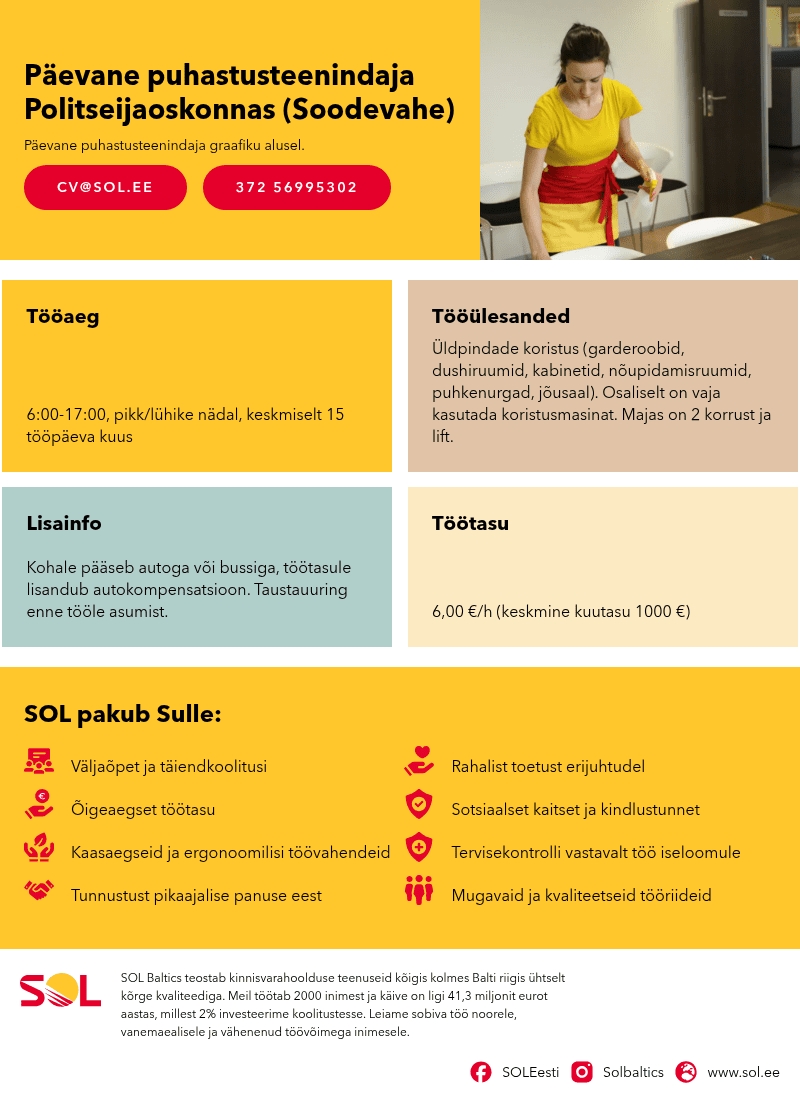SOL Baltics OÜ Päevane puhastusteenindaja Politseijaoskonnas (Soodevahe)