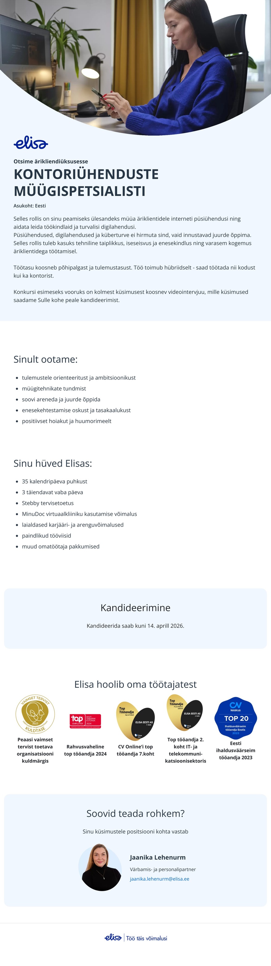 Elisa Eesti AS Ärikliendi kontoriühenduste müügispetsialist