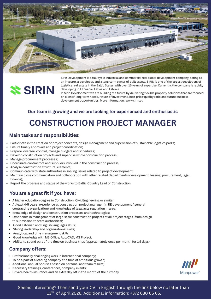 Manpower OÜ CONSTRUCTION PROJECT MANAGER