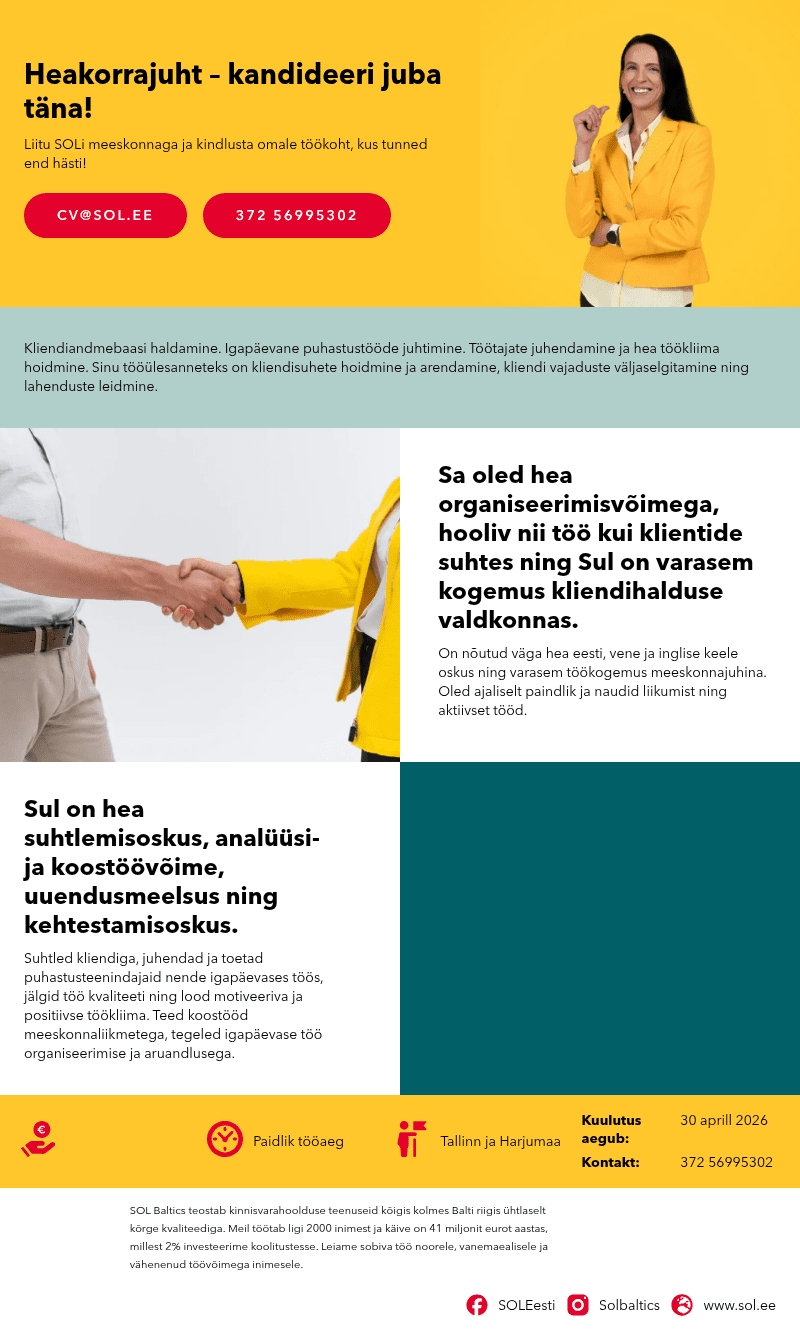 SOL Baltics OÜ Heakorrajuht - kandideeri juba täna!