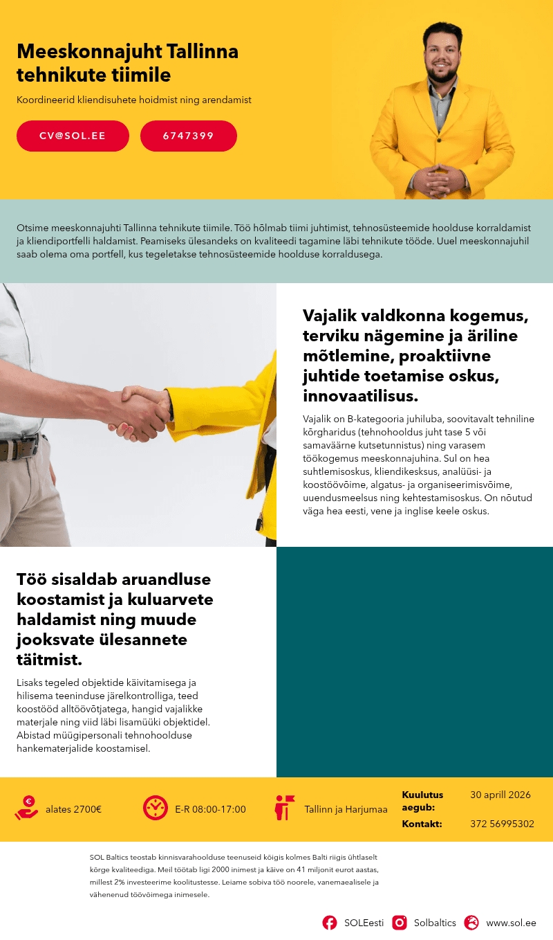 SOL Baltics OÜ Meeskonnajuht Tallinna tehnikute tiimile