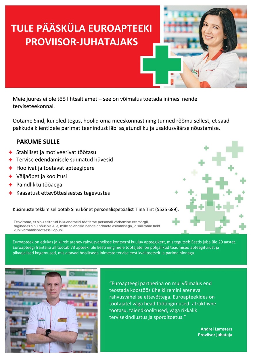 Euroapteek OÜ Pääsküla Euroapteegi proviisor-juhataja