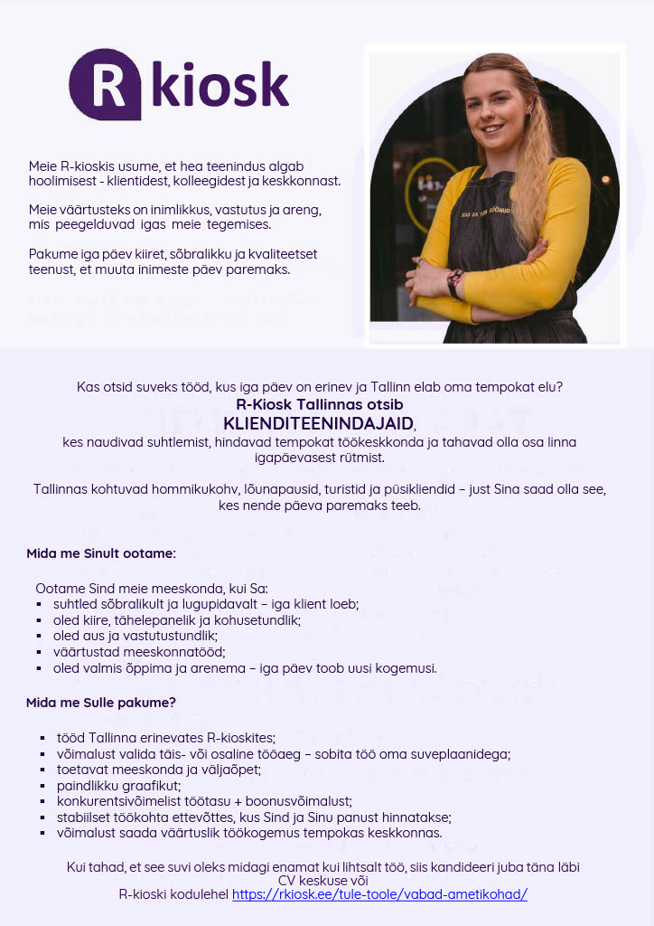 Reitan Convenience Estonia AS Suvetöö Tallinnas – klienditeenindaja R-kioskisse