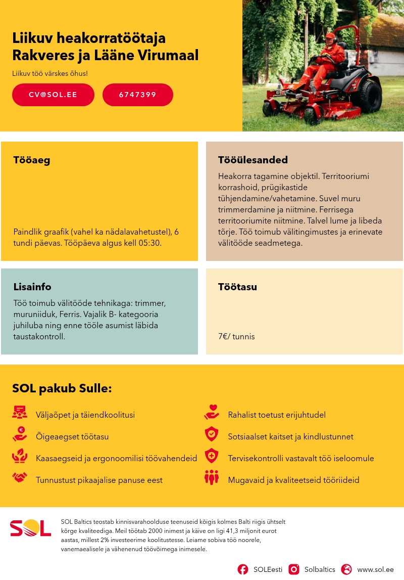 SOL Baltics OÜ Liikuv heakorratöötaja Rakveres ja Lääne Virumaal