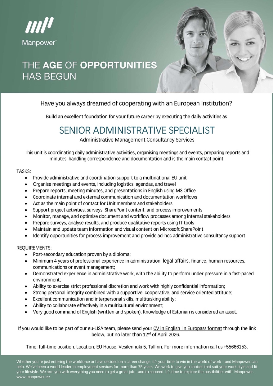 Manpower SENIOR ADMINISTRATIVE SPECIALIST (eu-Lisa)