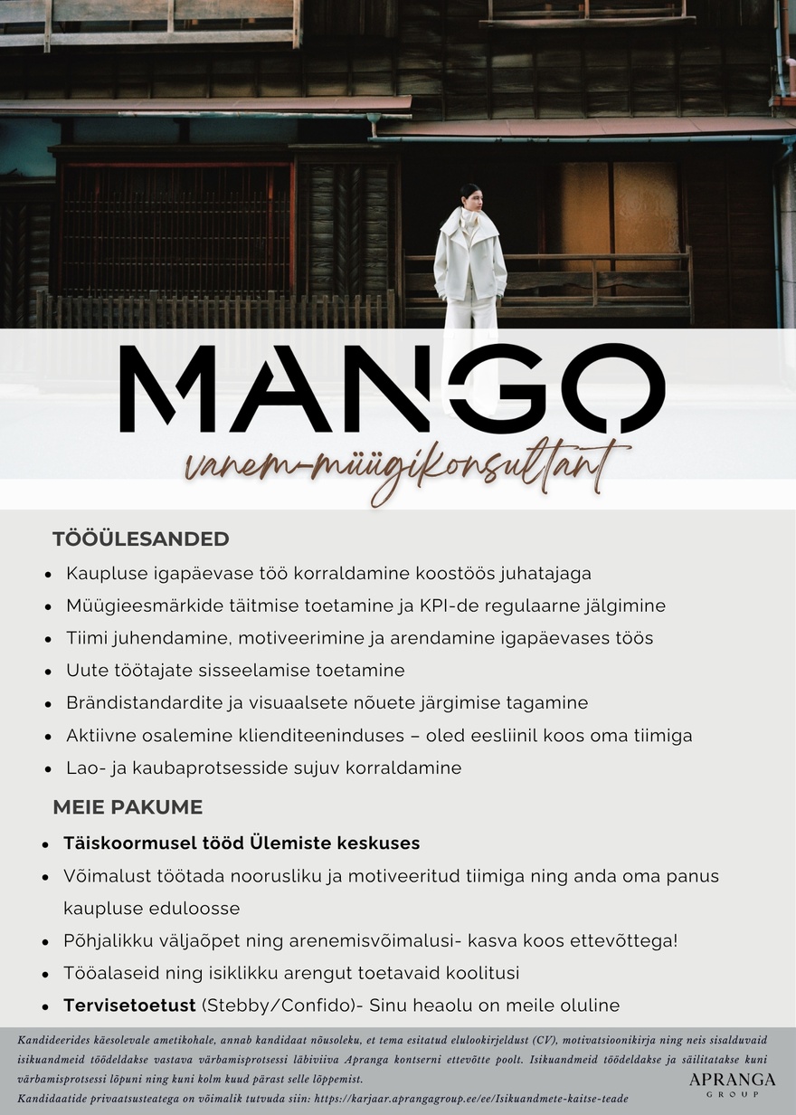 Apranga OÜ MANGO vanem-müügikonsultant