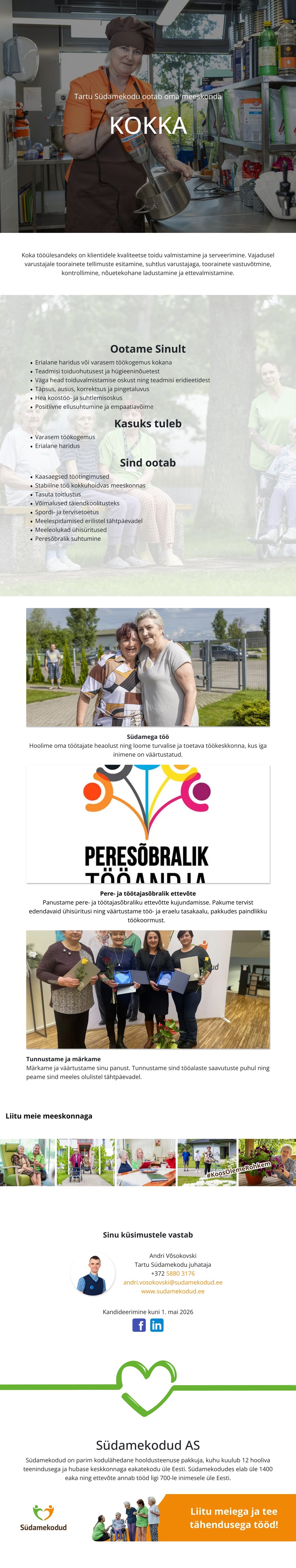 Tartu Südamekodu OÜ Kokk Tartu Südamekodusse