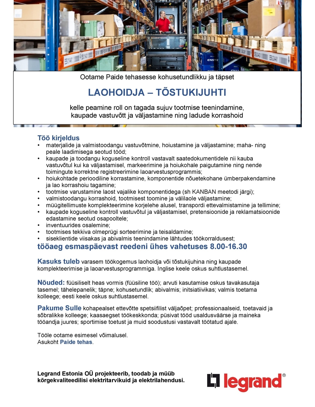 Legrand Estonia OÜ LAOHOIDJA-TÕSTUKIJUHT
