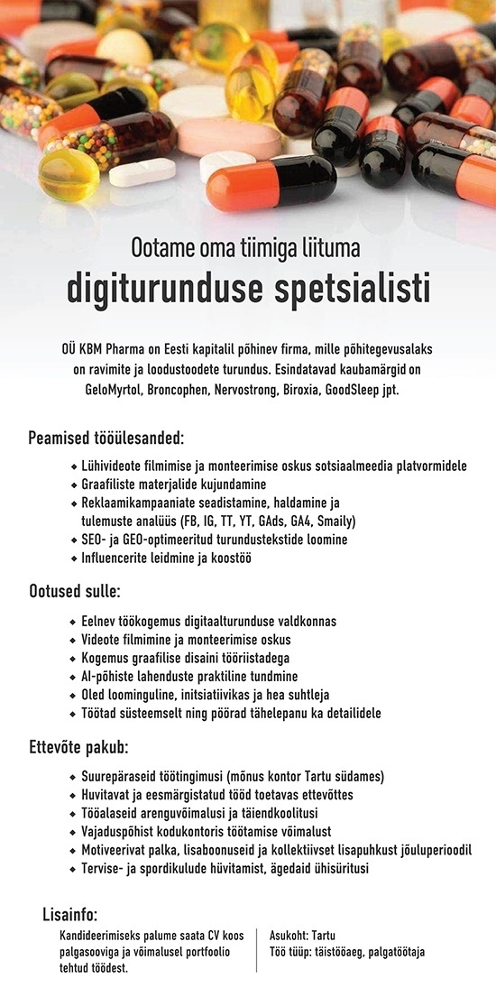 KBM Pharma OÜ Digiturunduse spetsialist