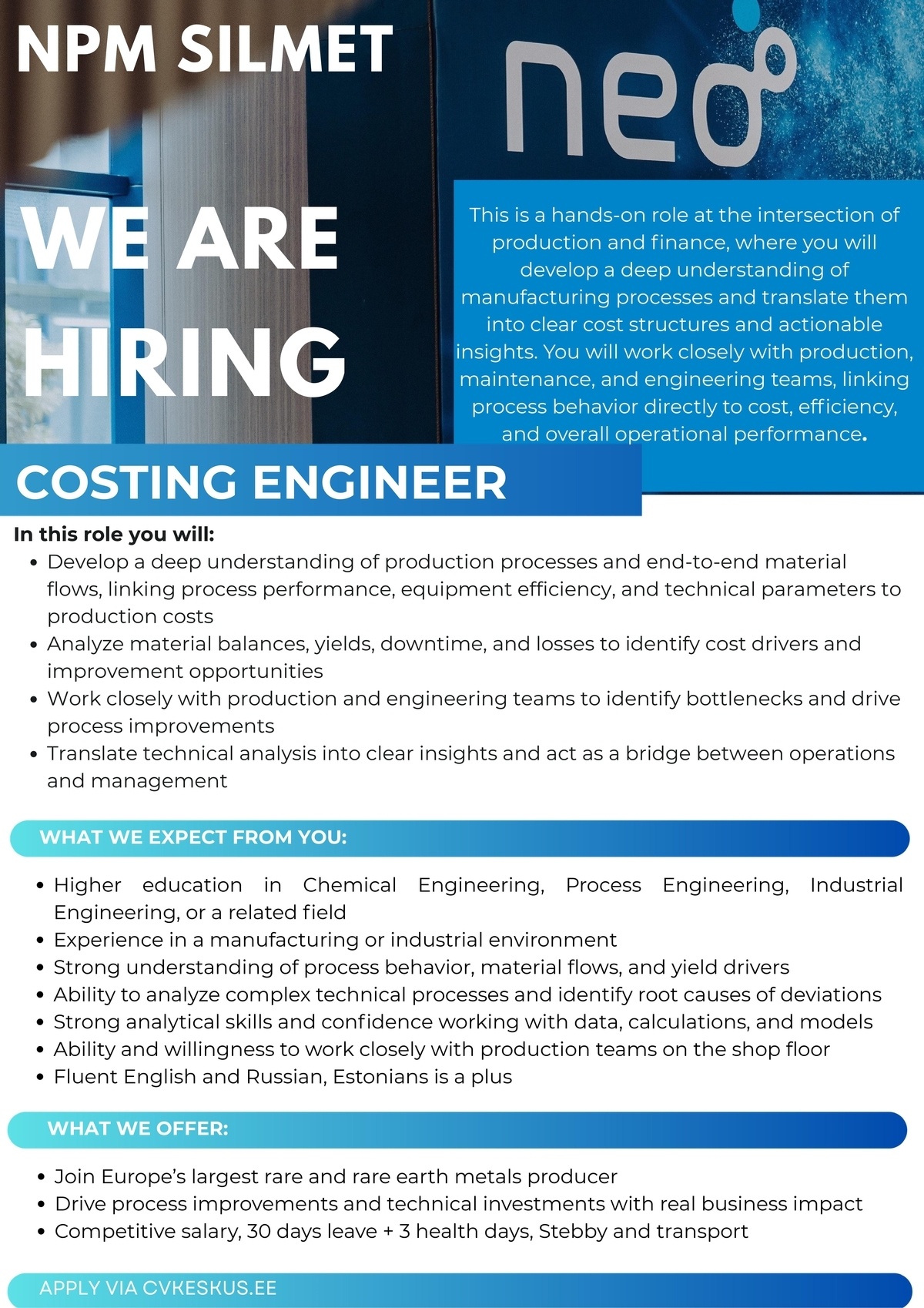 NPM Silmet OÜ COSTING ENGINEER