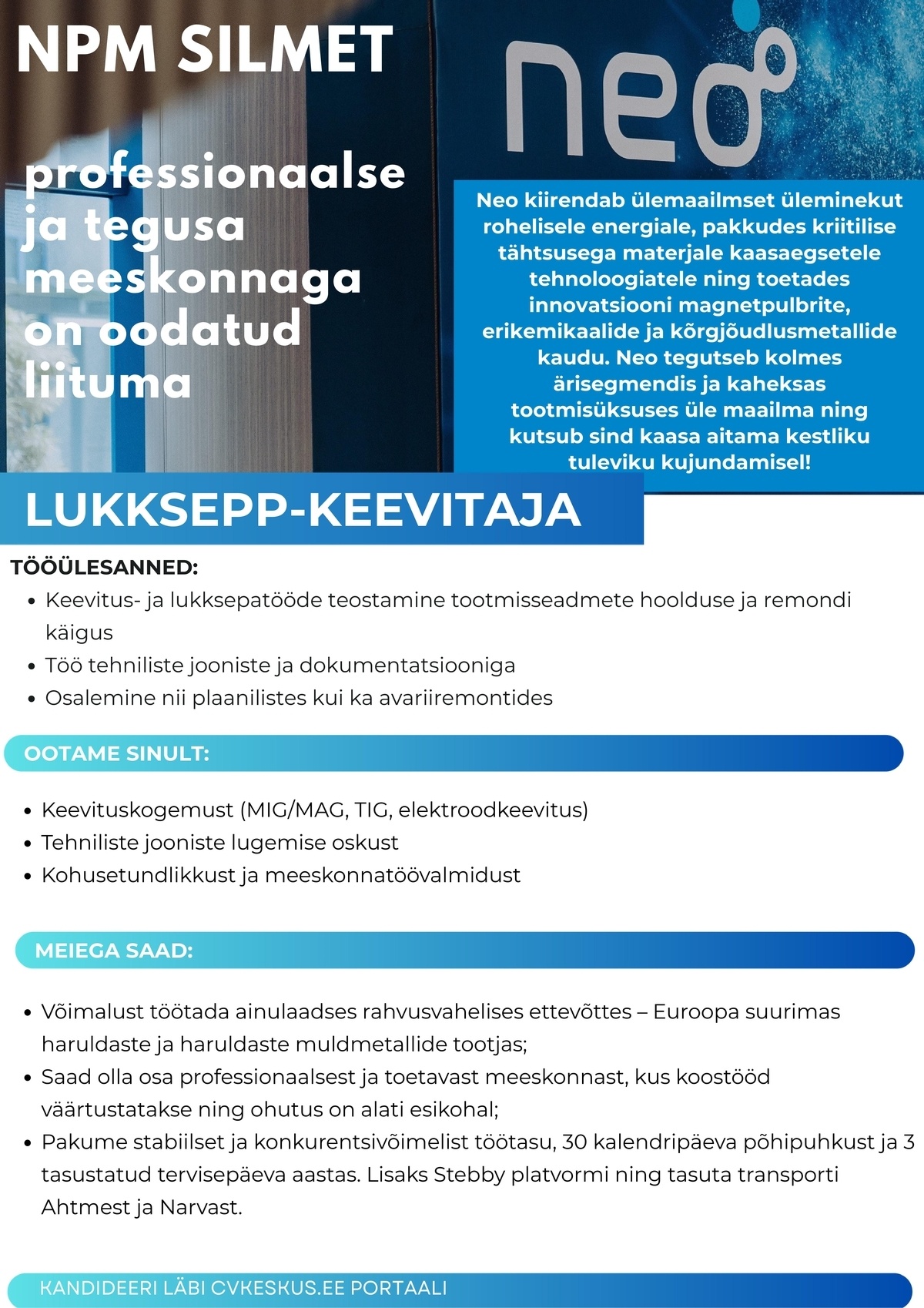 NPM Silmet OÜ Lukksepp-keevitaja